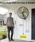 Man standing next to 30 Inch Brushless DC Industrial Oscillating Wall Mount Fan With Remote Control showing size dimensions outdoors.
