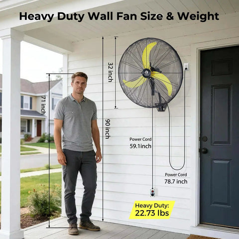 Man standing next to 30 Inch Brushless DC Industrial Oscillating Wall Mount Fan With Remote Control showing size dimensions outdoors.