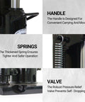 Detail view of Dual-Function 2.5 Ton Toe Jack and 5 Ton Hydraulic Floor Jack featuring handle, springs, and pressure relief valve.