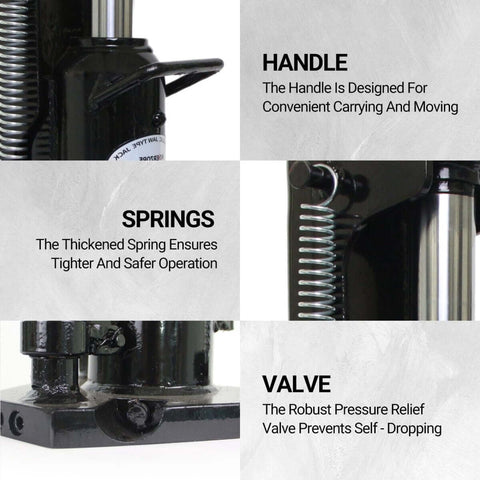 Detail view of Dual-Function 2.5 Ton Toe Jack and 5 Ton Hydraulic Floor Jack featuring handle, springs, and pressure relief valve.