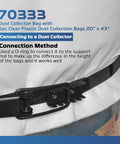 Close-up of a Tough As Nails Dust Collector Bag Kit connected to a dust collector using a D-ring support.