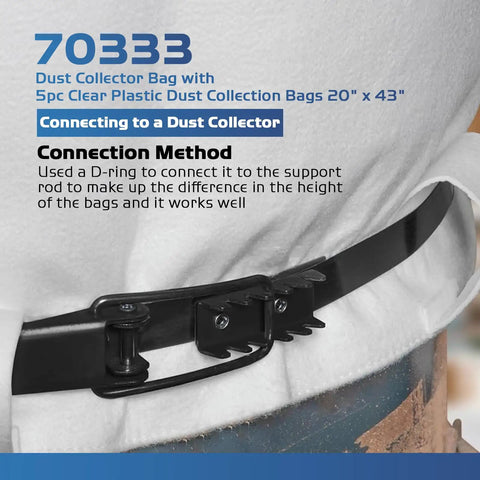 Close-up of a Tough As Nails Dust Collector Bag Kit connected to a dust collector using a D-ring support.
