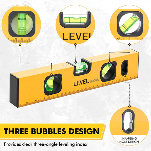 Heavy Duty Five Piece Magnetic Torpedo Level Set Offering Pro Grade Accuracy Down To.0005 Inches Per Foot For Rock Solid Framing And Diy Builds With No Sweat Setup And Quick View 45 90 180 Degree Bubbles In Classic Yellow Tool Steel