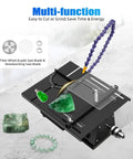 Heavy Duty Gemstone Faceting Machine With 7 Speed Settings For Cutting Grinding Polishing And Engraving Jade Crystal Rock Work Benchtop Stone Carving Tool Kit with jade and fiber blades placed on a workbench.