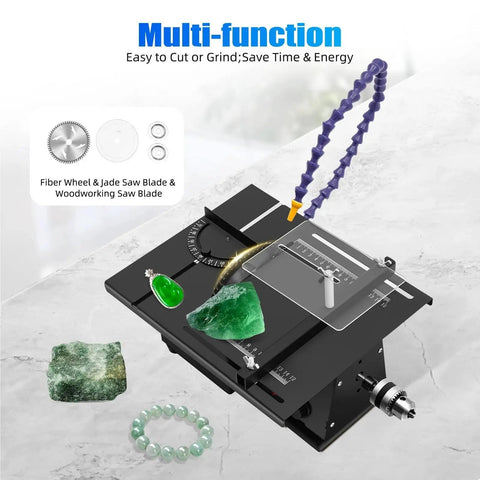 Heavy Duty Gemstone Faceting Machine With 7 Speed Settings For Cutting Grinding Polishing And Engraving Jade Crystal Rock Work Benchtop Stone Carving Tool Kit with jade and fiber blades placed on a workbench.