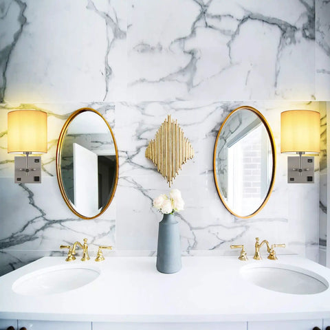 Bathroom with marble walls, two mirrors, and Bedside Wall Sconce With USB Port And AC Outlet, White Fabric Shade