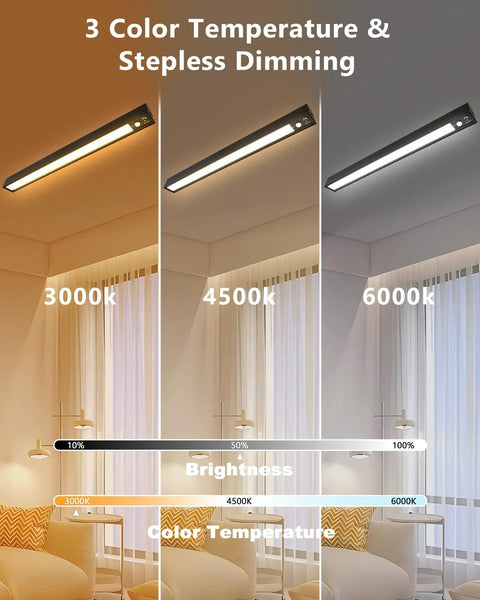 Rechargeable Motion Sensor Ceiling Light With 500 Lumen LED showing 3 color temperature options and stepless dimming