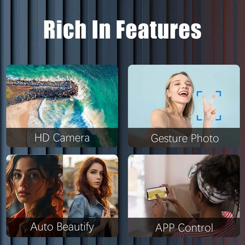 Image highlighting features of a brushless drone with HD camera, gesture photo, auto beautify, and app control for kids and beginners.