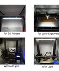Lit 5W 6000K USB LED Light Bar for 3D Printers with Aluminum Body and Mount for 2020 Extrusion, before and after lighting