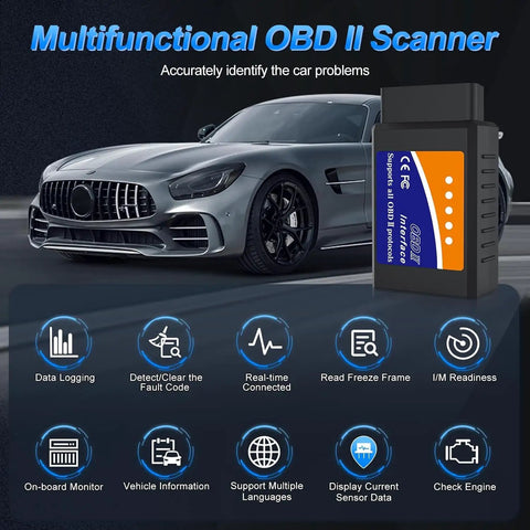 Bluetooth OBD2 Scanner For iPhone iOS Android Windows Car Code Reader With Live Data Check Engine Light Auto Diagnostic Tool OBDII Adapter Vehicle Performance Test Reset Compatible With Most OBDII Cars image showing scanner and icons.