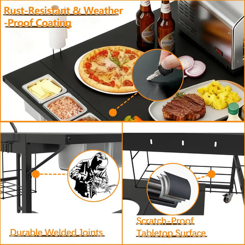 Outdoor Pizza Oven Table With Topping Station And Prep Cart For Blackstone Griddles with seasoning tray and storage.