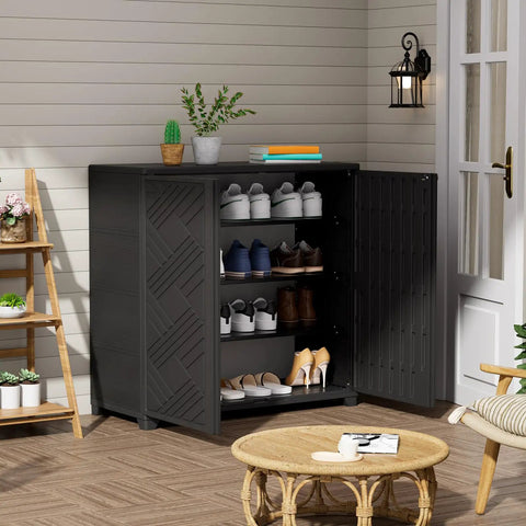 All Weather Indoor And Outdoor Storage Cabinet Waterproof Plastic Box Black 34 Inch By 15 Inch By 34 Inch With Two Shelves For Garden Balcony And Bathroom DIY Ready Easy Open Durable shown in a room.