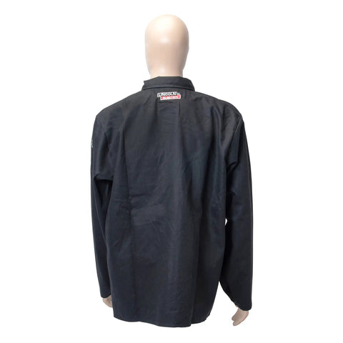 Back view of Black X Large Flame Resistant Welding Jacket With Cotton Nine Ounce Fabric, worksite ready design, KH808XL