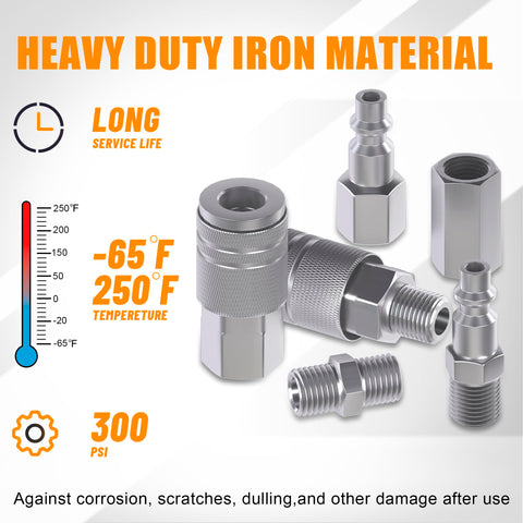 All-In-One 28 Piece 1/4 Inch NPT Quick Connect Air Fittings Kit showcasing couplers, plugs, and nipples, made of heavy-duty iron.