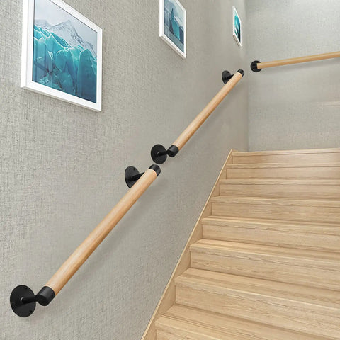 2Ft Wood Hand Rail For Stairs With Black Metal Brackets, Outdoor Steps Banister Deck Rails, Safe Grab Bar For Seniors And Kids