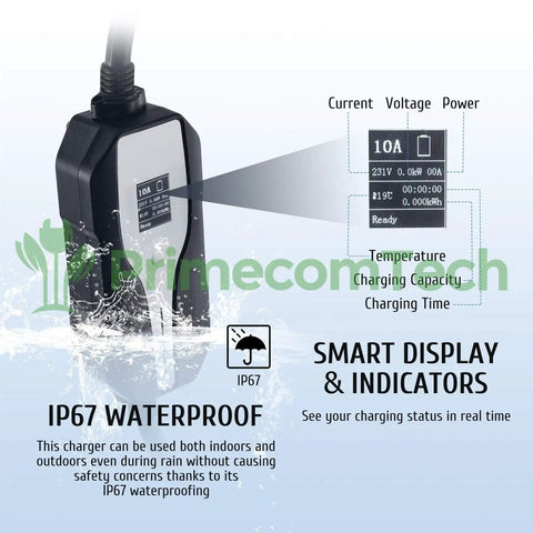 Level 2 Electric Vehicle Charger With Adjustable 10 To 32 Amperage Range 50 Foot Heavy Duty Cord showing smart display and IP67 waterproof design.