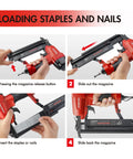 Loading steps for 18 Gauge Pneumatic Brad Nailer And Crown Stapler 2 In 1 Nail Gun For Carpentry DIY Projects And Woodworking