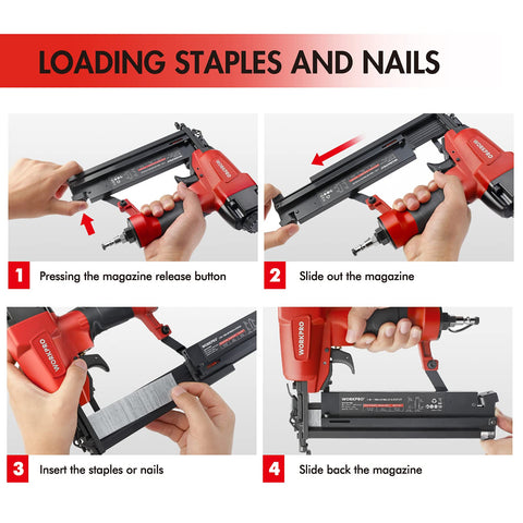 Loading steps for 18 Gauge Pneumatic Brad Nailer And Crown Stapler 2 In 1 Nail Gun For Carpentry DIY Projects And Woodworking