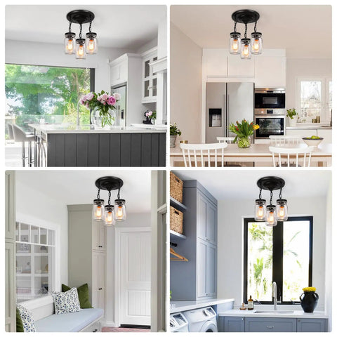 Dope 3-Light Glass Mason Jar Pendant Lights For Kitchen Island Farmhouse Style in various interior settings.
