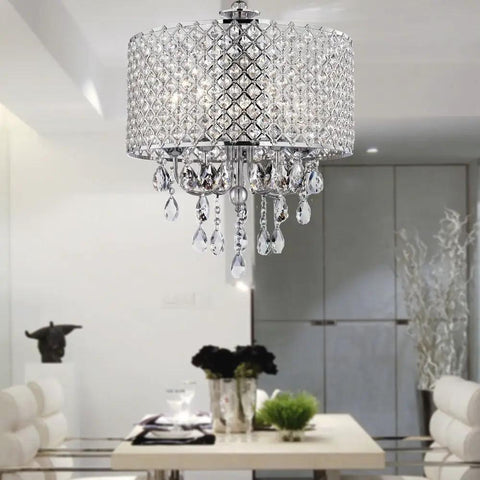 Dining room with Chrome Finish 4 Light Round Drum Crystal Chandelier With Adjustable Cable Up To 80cm