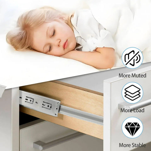 10 Inch Full Extension Ball Bearing Drawer Slides installed in dresser, smooth glide with silver finish, supporting sleeping child above drawer