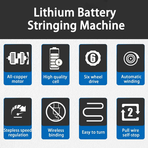 Lithium Battery Stringing Machine features all-copper motor, six wheel drive, automatic winding, and stepless speed regulation.
