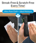 iCloth Large Screen Cleaning Wipes for Electronics by Amazon; hands wipe tablet and smartphone screens with a lint-free cloth.