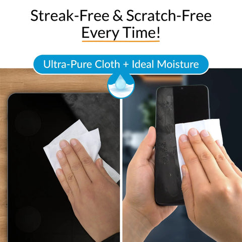 Hands using Screen Cleaning Wipes Travel Pack Individually Wrapped For Laptops Monitors And TVs Streak Free 24 Large Wipes