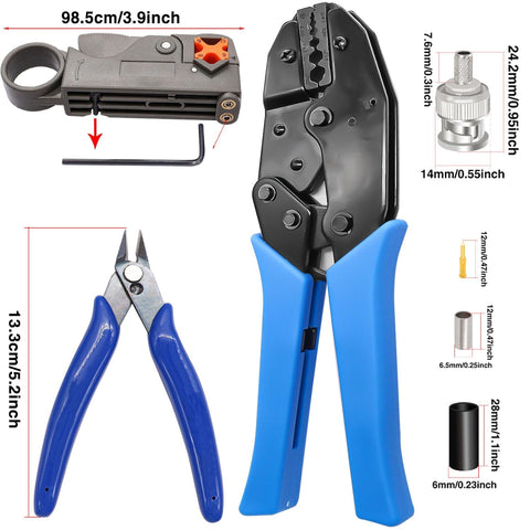 Coaxial Cable Tool Kit With Heavy Duty BNC Crimp Tool And 10 Pcs BNC Male Connectors, Coax Stripper, Wire Cutter displayed.