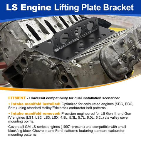 Killer LS Engine Lift Plate Forged From 6mm Alloy Steel Includes Full Hardware Set For Drop Direct Into Custom Builds mounted on an LS engine.