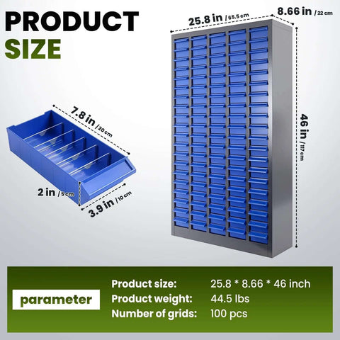 Massive 100 Drawer Grey ABS Parts Cabinet Built Tough With Adjustable Drawers For Electronics Small Parts And Hardware Heavy Duty Industrial Storage Locker dimensions and details shown.