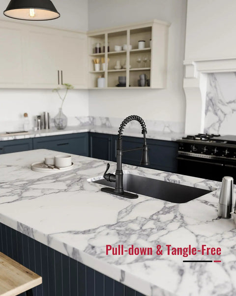 Matte Black Kitchen Faucet With Pull Down Sprayer Single Handle High Arc Three Function Waterway on marble countertop