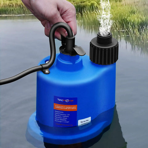 12V DC Water Transfer Pump 1500GPH Submersible Sump Pump With 20 Foot Power Cord operating in water
