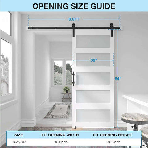 36 Inch By 84 Inch Sliding Glass Barn Door With 6.6 Foot Hardware Kit Included, DIY Assembly, shown installed in a room view