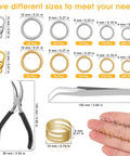 Jump Ring Jewelry Making Kit With 1200 Silver And Gold Rings Pliers Tweezers Opener And Brass Ring Tools For Necklace Repairs And DIY Jewelry Projects, showing various ring sizes, pliers, and tweezers.