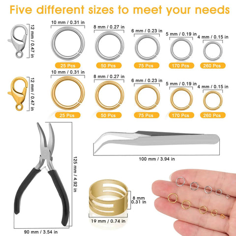 Jump Ring Jewelry Making Kit With 1200 Silver And Gold Rings Pliers Tweezers Opener And Brass Ring Tools For Necklace Repairs And DIY Jewelry Projects, showing various ring sizes, pliers, and tweezers.