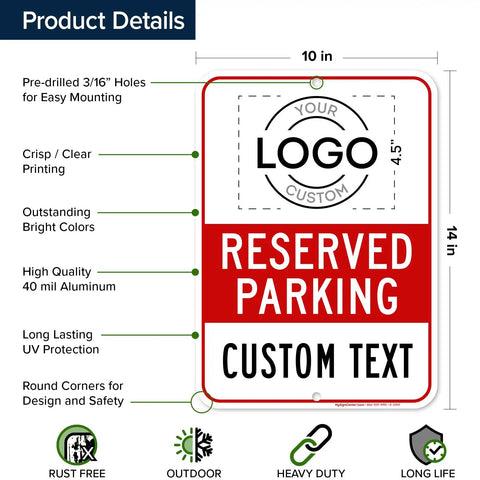 Image of No Parking Sign For Business, Custom Reserved Parking Sign 10 By 14 Inches, rust free aluminum with product dimensions and features.