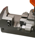 Close-up view of the cutting jaw of the Heavy Duty Portable Electric Hydraulic Rebar Cutter for one inch steel bars.