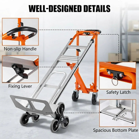 Beefy 4 In 1 Stair Climbing Hand Truck 1000 Lb Capacity Aluminum Foldable Dolly Utility Cart Heavy Duty Convertible With Upright Stair Climber 45 Degree Tilt Platform Cart And U Shaped Extension Solid Rubber Tri Wheels with non-slip handle and safety latch