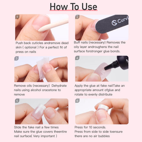 Instruction steps for applying Semi Solid Nail Glue Gel 2g for Press On Nails, emphasizing quick dry in 15 seconds.