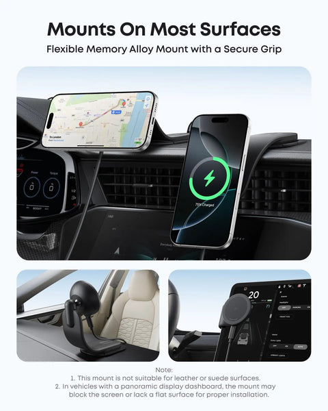 Magnetic Wireless Car Charger With 360 Degree Adjustable Mount And Detachable Pad Speedy 15W Qi2 Certified Fast Charging demo showing flexibility on dashboard.