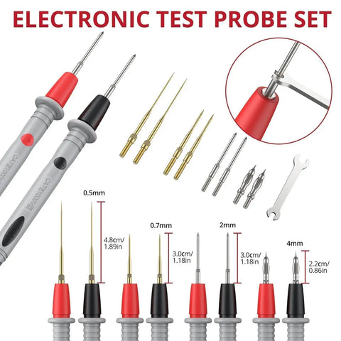 25 Piece Silicone Multimeter Leads Kit With Replaceable Probes CAT III 1000V 20A, detail view of various test probe sizes.