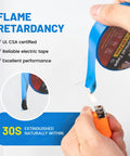 Blue Electrical Tape 5 Pack 3/4 Inch By 66 Feet Industrial Grade Pro Grade Tough 7 Mil Thick Flame Retardant Waterproof PVC Tape 600V UL Listed CSA Listed being flame tested with a lighter in hand.