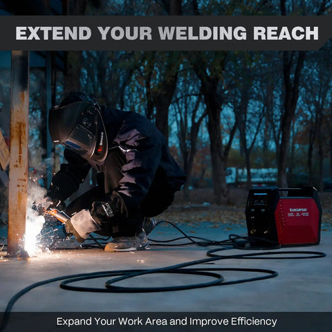 Welder using Heavy Duty 50 Foot Welder Extension Cord 40 Amp 8 AWG NEMA 6 50 3 Prong for MMA welding outdoors