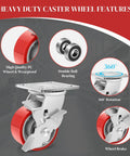 Heavy Duty 4 Inch Industrial Casters With Secure Rolling Brakes 3200 Lbs Capacity Polyurethane Treads close-up of features and construction.