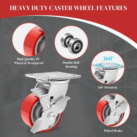 Heavy Duty 4 Inch Industrial Casters With Secure Rolling Brakes 3200 Lbs Capacity Polyurethane Treads close-up of features and construction.