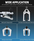 Heavy Duty 5 In 1 Ball Joint Separator And Pitman Arm Puller Kit With Tie Rod End Remover showing four tools for vehicle service.