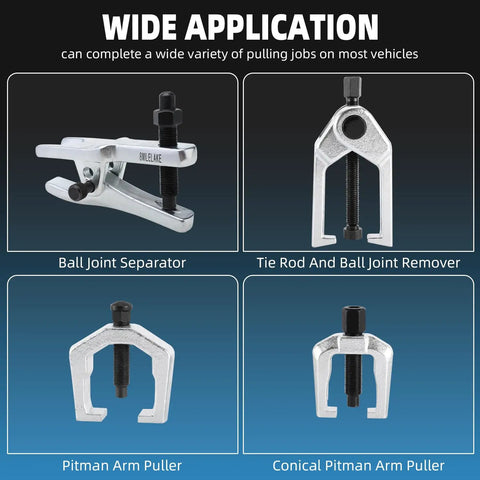 Heavy Duty 5 In 1 Ball Joint Separator And Pitman Arm Puller Kit With Tie Rod End Remover showing four tools for vehicle service.