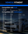 Vehicle fitment chart showing compatibility of Two Piece Rear Wheel Bearing And Hub Assembly For Five Lug Vehicles With Abs Compatible With Volkswagen Beetle Golf Jetta Rabbit GTI Golf SportWagen And Audi A3 Sportback E Tron. Listed models include Audi A3, Beetle, Golf, Jetta, Rabbit.