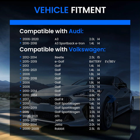 Vehicle fitment chart showing compatibility of Two Piece Rear Wheel Bearing And Hub Assembly For Five Lug Vehicles With Abs Compatible With Volkswagen Beetle Golf Jetta Rabbit GTI Golf SportWagen And Audi A3 Sportback E Tron. Listed models include Audi A3, Beetle, Golf, Jetta, Rabbit.